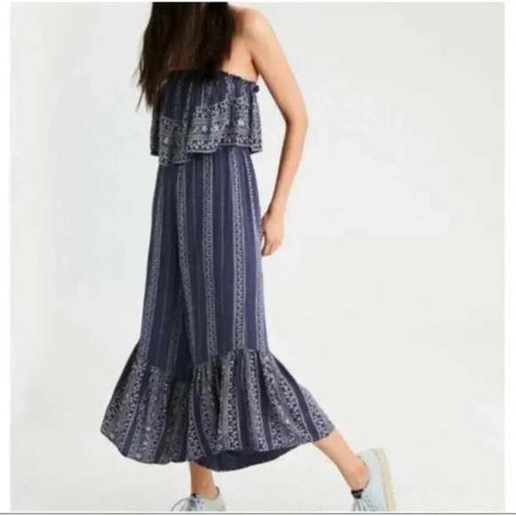 NWT Japna Blue and White Floral Strapless Ruffle Boho Jumpsuit